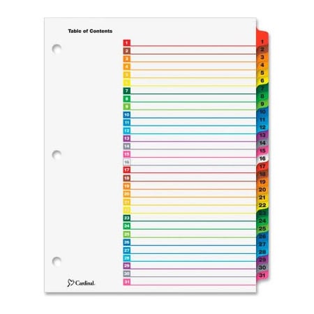 Cardinal Brands Cardinal OneStep Printable T.O.C. Divider, Printed 1 to 31, 9"x11", 31 Tabs, White/Multicolor 60118